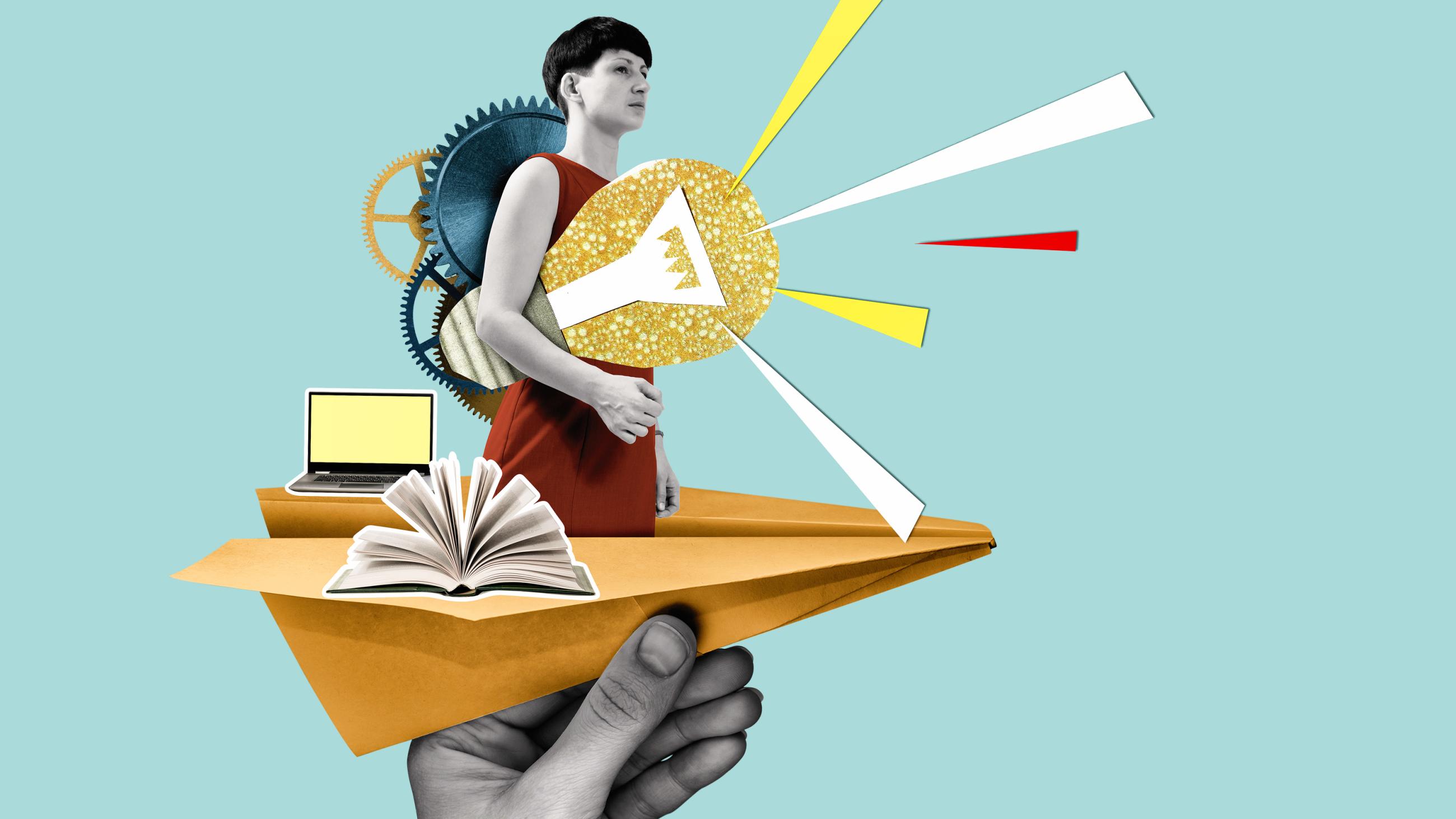 Collage: Frau steht auf Papierflieger mit Glhbirne unter dem Arm, Buch und Laptop auf den Flgeln, Zahnr?der hinter der Frau